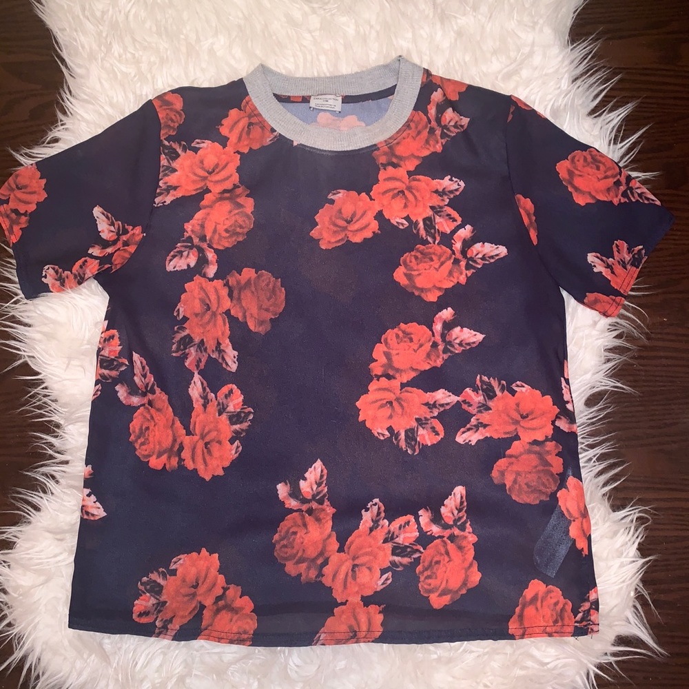 Zara floral t-shirt with ribbed neckline